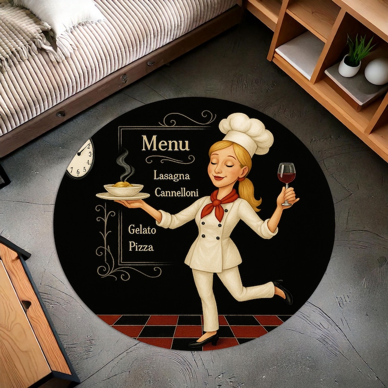 Camping Cooking Gifts - Blonde chef-kok rond keukentapijt, retro menu